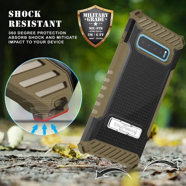 Alt view image 4 of 7 - Brown Rugged Tri-Shield Case Cover Kickstand Wrist Strap for Samsung Galaxy S10