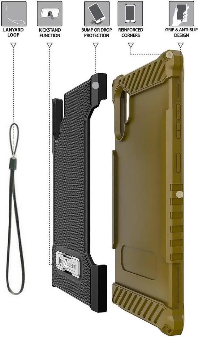Alt view image 6 of 7 - Brown Rugged Tri-Shield Case Cover Kickstand Wrist Strap for Galaxy Note 10 Plus