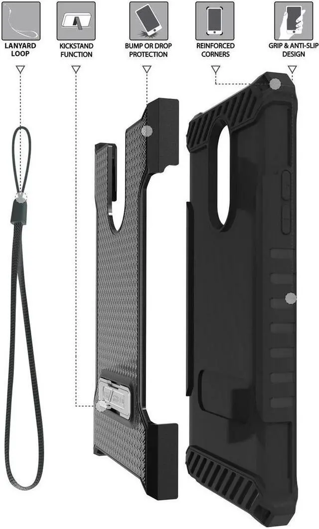 Alt view image 6 of 7 - Black Tri-Shield Rugged Case Cover with Kickstand Lanyard Strap for LG Stylo 5