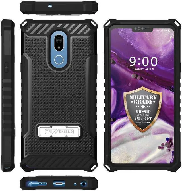 Alt view image 5 of 7 - Black Tri-Shield Rugged Case Cover with Kickstand Lanyard Strap for LG Stylo 5