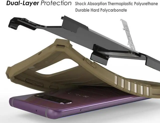 Alt view image 6 of 7 - Brown Rugged Tri-Shield Case Cover Kickstand Wrist Strap for Samsung Galaxy S10