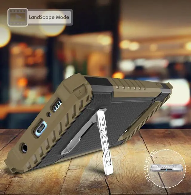 Alt view image 3 of 7 - Brown Rugged Tri-Shield Case Cover Kickstand Wrist Strap for Samsung Galaxy S10