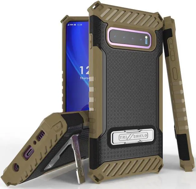 Main image of Brown Rugged Tri-Shield Case Cover Kickstand Wrist Strap for Samsung Galaxy S10