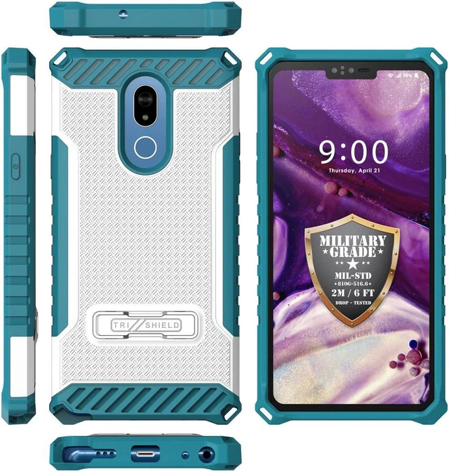 Alt view image 5 of 7 - White/Turquoise Tri-Shield Rugged Case Cover Stand Wrist Strap for LG Stylo 5