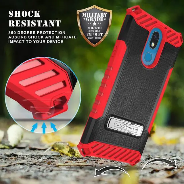 Alt view image 3 of 7 - Red Tri-Shield Rugged Case Cover with Kickstand Lanyard for LG Harmony 3 LMX420