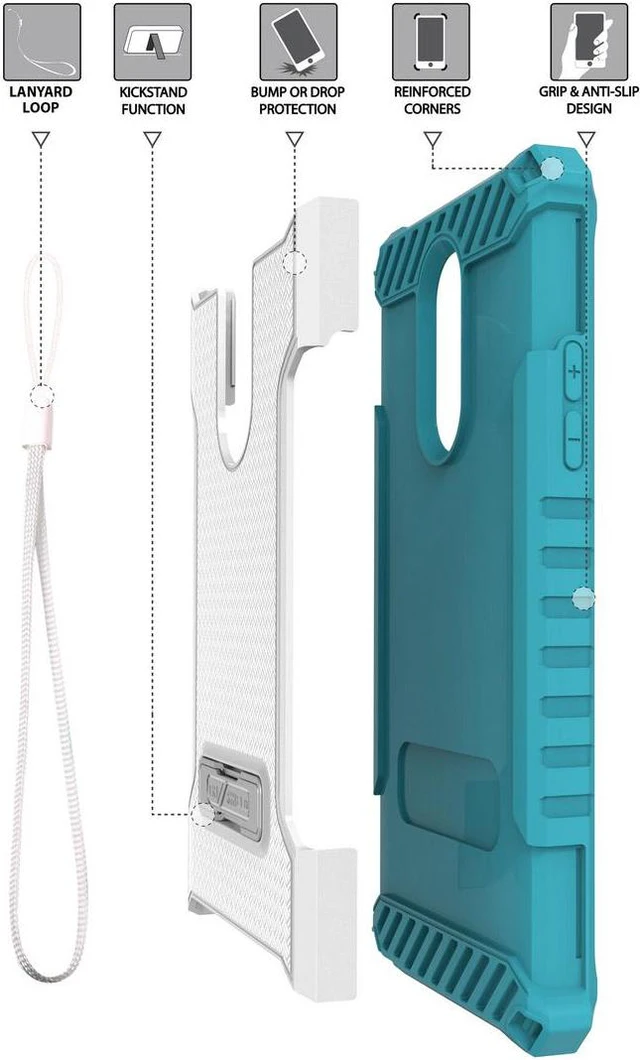 Alt view image 6 of 7 - White/Turquoise Tri-Shield Rugged Case Cover Stand Wrist Strap for LG Stylo 5