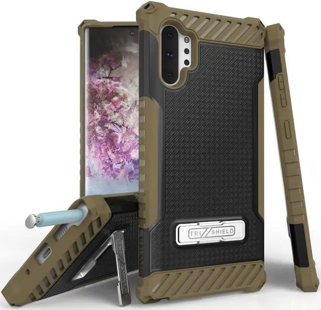 Main image of Brown Rugged Tri-Shield Case Cover Kickstand Wrist Strap for Galaxy Note 10 Plus