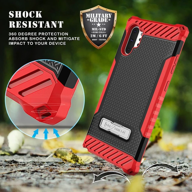 Alt view image 4 of 7 - Red Rugged Tri-Shield Case Cover Stand + Wrist Strap for Galaxy Note 10 Plus