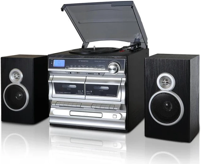 Alt view image 5 of 5 - Trexonic 3-Speed Vinyl Turntable Home Stereo System with CD Player, Double Cassette Player, Bluetooth, FM Radio & USB/SD Recording