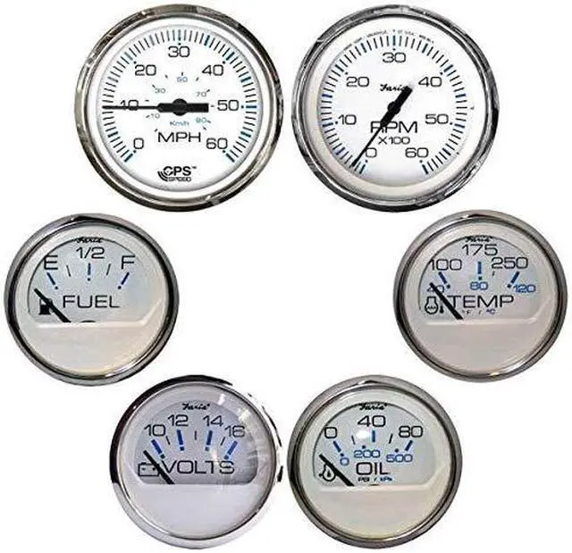 Alt view image 4 of 5 - Faria Chesapeake White w/Stainless Steel Bezel Boxed Set of 6 - Speed, Tach, Fuel Level, Voltmeter, Water Temperature