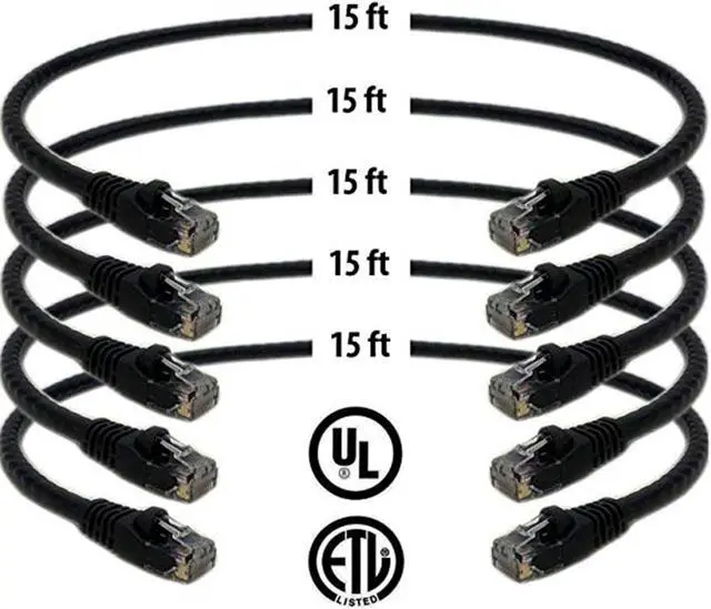 Main image of iMBAPrice 15 Feet Cat6 Cable - Premium Grade RJ45 Ethernet Snagless Patch Cord (Pack of 5) Black