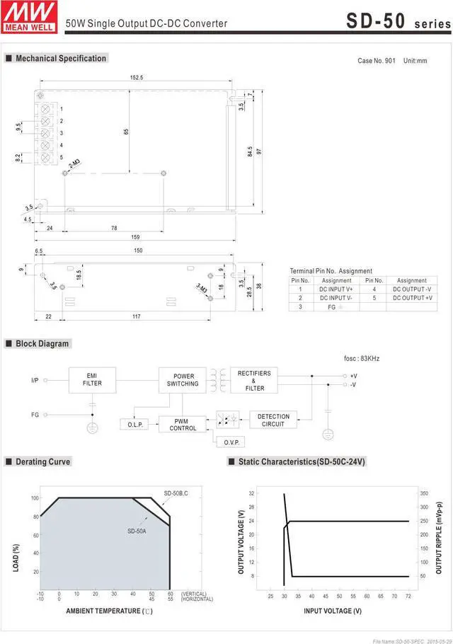 Alt view image 3 of 3 - SD-50A-24 Power Supply, Single Output, 24 Volt, 2.1 A, 50.4 W, 5-Pin, 6.3" L x 3.8" W x 1.5" H