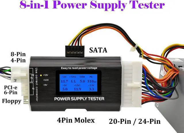 Alt view image 4 of 7 - Computer PC Power Supply Tester, ATX / ITX / IDE / HDD / SATA / BYI Connectors Power Supply Tester, 1.8'' LCD Screen (Al