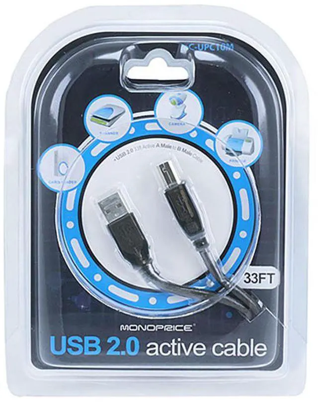 Alt view image 2 of 2 - Monoprice 33ft 10M USB 2.0 A Male to B Male Active Cable for Printer Scanner Cable 15M for PC, Mac, HP, Canon, Lexmark,