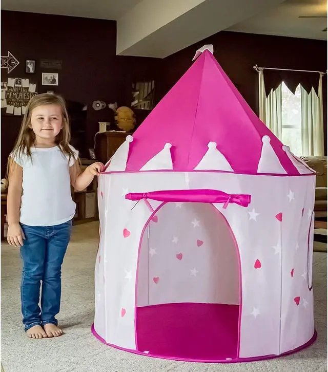 Alt view image 5 of 7 - FoxPrint Princess Castle Play Tent with Glow in The Dark Stars, Conveniently Folds in to A Carrying Case, Your Kids Will Enjoy This Foldable Pop Up Pink Play Tent/House Toy for Indoor & Outdoor Use