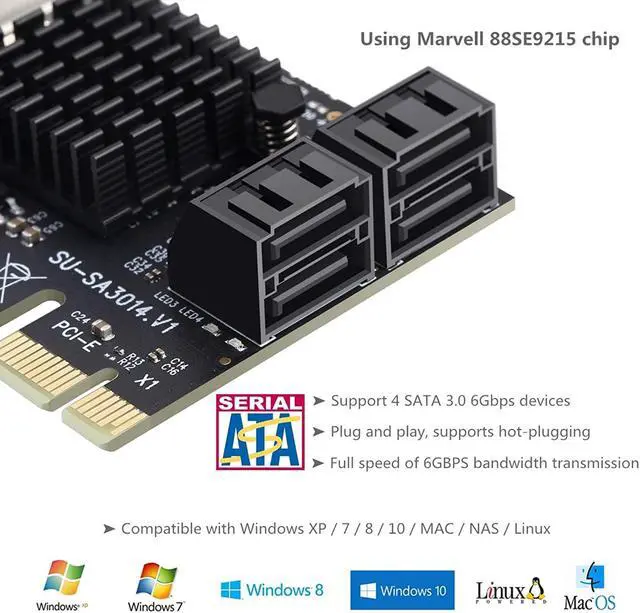 Alt view image 4 of 7 - PCIe SATA Card 4 Port,Marvell 9215 Non-Raid 6Gbps PCI Express to SATA 3.0 Ports Expansion Controller ,Boot as System Disk, for Desktop PC Support SSD and HDD with Low Profile Bracket and 4 SATA Cable