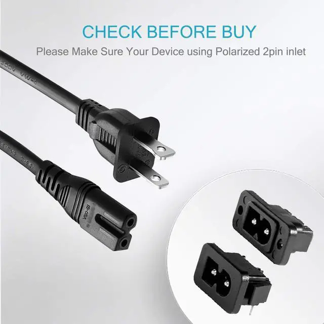 Alt view image 4 of 5 - BRENDAZ 6-feet 2-Slot Polarized Power Cord, UL Listed (IEC320C7 to NEMA 1-15P) Works with Vizio E-M-Series HDTV, Sharp, Sanyo, Philips, Sansui, Emerson TV (6-FEET)