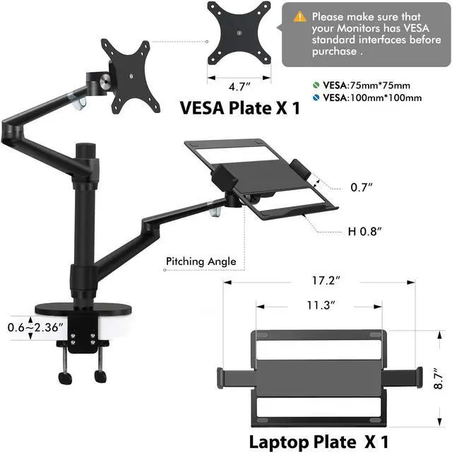 Alt view image 3 of 7 - viozon Monitor and Laptop Mount, 2-in-1 Adjustable Dual Arm Desk Mounts,Single Desk Arm Stand/Holder for 17 to 32 Inch LCD Computer Screens, Extra Tray Fits 12 to 17 inch Laptops (Black)