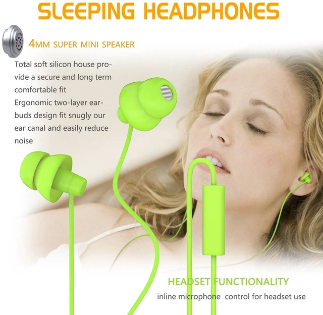 Alt view image 2 of 7 - MAXROCK Wired Sleep Earphones Soft Sleep Earbuds Total Silicon Sleeping Headphones with in-line Mic for Cellphones, Mp3, Tablet pocasts 3.5mm, Green