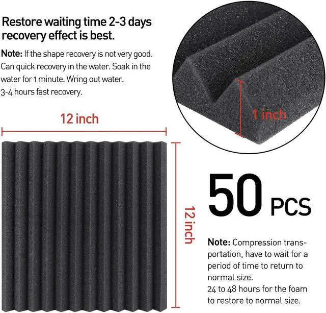 Alt view image 4 of 7 - Focusound 50 Packs Acoustic Foam Panels Wedge Soundproof Studio Wall Tiles Sound Absorbing with Double Side Adhesive Tape, 1" X 12" X 12"