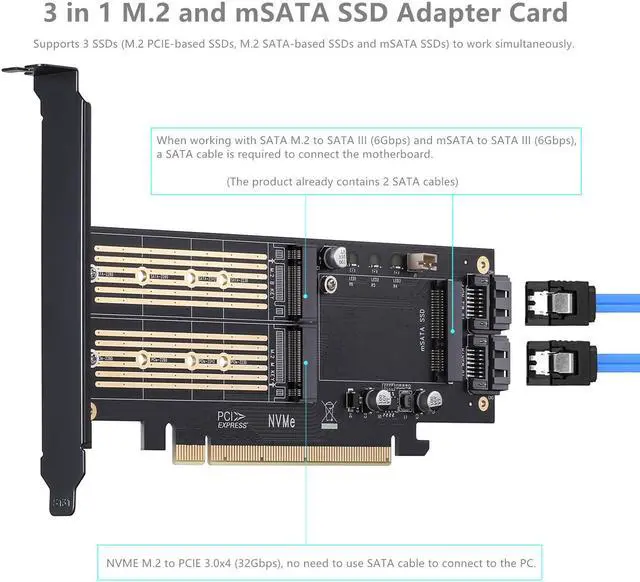 Alt view image 4 of 7 - 3 in 1 M.2 and mSATA SSD Adapter Card for M.2 NVME to PCIE Adapter,M.2 SATA SSD to SATA III Adapter,mSATA to SATA Adapter (with 2 Aluminum Heatsink)