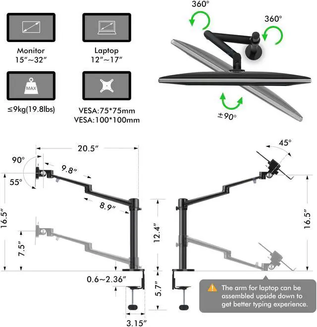 Alt view image 4 of 7 - viozon Monitor and Laptop Mount, 2-in-1 Adjustable Dual Arm Desk Mounts,Single Desk Arm Stand/Holder for 17 to 32 Inch LCD Computer Screens, Extra Tray Fits 12 to 17 inch Laptops (Black)
