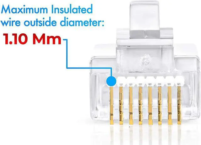 Alt view image 5 of 7 - RJ45 Cat6 Pass Through Connectors Pack of 100 | EZ Crimp Connector UTP Network Plug for Unshielded Twisted Pair Solid Wire & Standard Cables | Transparent Passthrough Ethernet Insert