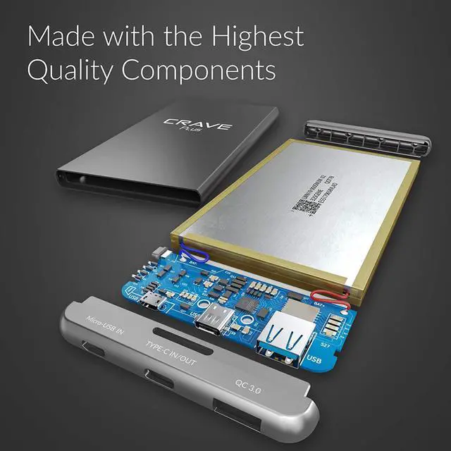Alt view image 5 of 7 - Crave Slim Power Bank, Plus Aluminum Portable Charger with 10000 mAh [Quick Charge QC 3.0 USB + Type C] External Battery Pack for iPhone, iPad, Samsung and More.