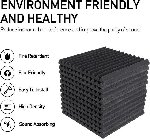 Alt view image 2 of 7 - Focusound 50 Packs Acoustic Foam Panels Wedge Soundproof Studio Wall Tiles Sound Absorbing with Double Side Adhesive Tape, 1" X 12" X 12"