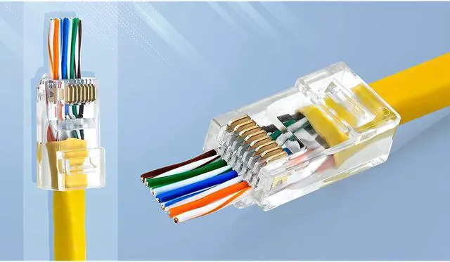 Alt view image 6 of 7 - RJ45 Cat6 Pass Through Connectors Pack of 100 | EZ Crimp Connector UTP Network Plug for Unshielded Twisted Pair Solid Wire & Standard Cables | Transparent Passthrough Ethernet Insert