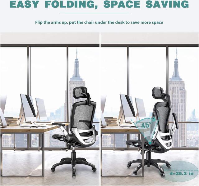Alt view image 4 of 7 - Gabrylly Ergonomic Mesh Office Chair, High Back Desk Chair - Adjustable Headrest with Flip-Up Arms, Tilt Function, Lumbar Support and PU Wheels, Swivel Computer Task Chair