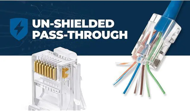 Alt view image 4 of 7 - RJ45 Cat6 Pass Through Connectors Pack of 100 | EZ Crimp Connector UTP Network Plug for Unshielded Twisted Pair Solid Wire & Standard Cables | Transparent Passthrough Ethernet Insert