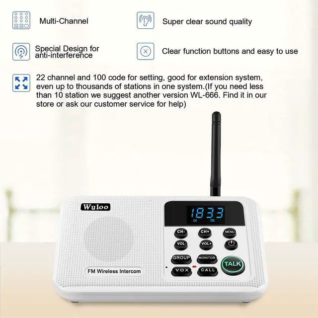 Alt view image 2 of 7 - Wuloo Intercoms Wireless for Home 1 Mile Range 22 Channel 100 Digital Code Display Screen, Wireless Intercom System for Home House Business Office, Room to Room Intercom Communication(2Station, White)