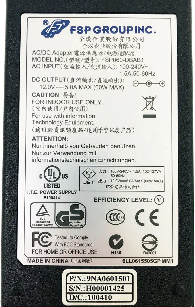 Alt view image 2 of 4 - Genuine FSP FSP060-DBAB1 AC/DC Power Adapter Charger 12V 5A 60W OEM w/PC