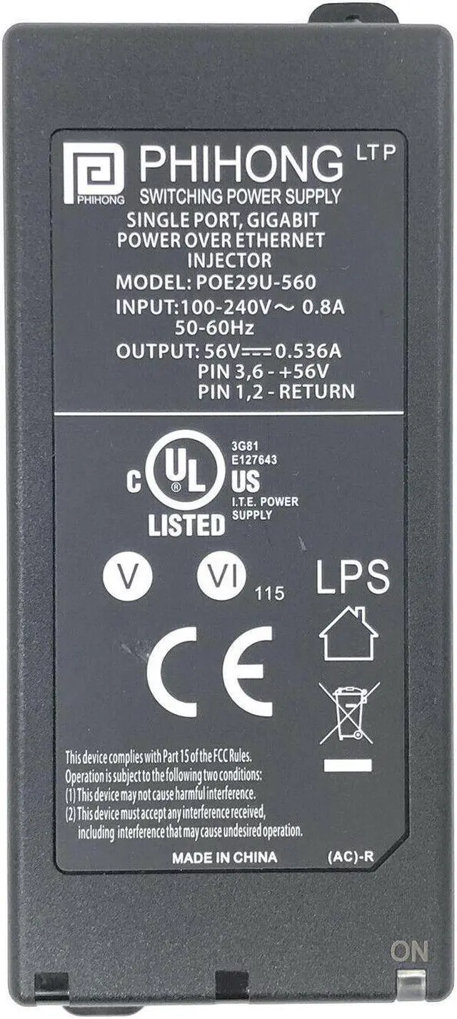 Alt view image 2 of 3 - Genuine Phihong PoE Power Injector for Luxul XAP1510 1900Mbp Access Point w/Cord