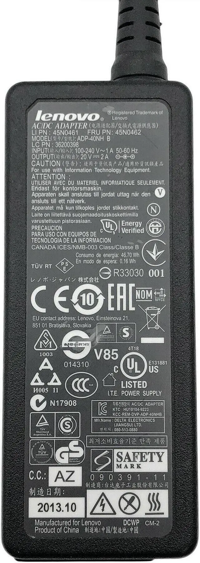 Alt view image 2 of 4 - Genuine Lenovo ADP-40NH 45N0461 AC Power Adapter Charger 20V 2A 40W OEM w/PC