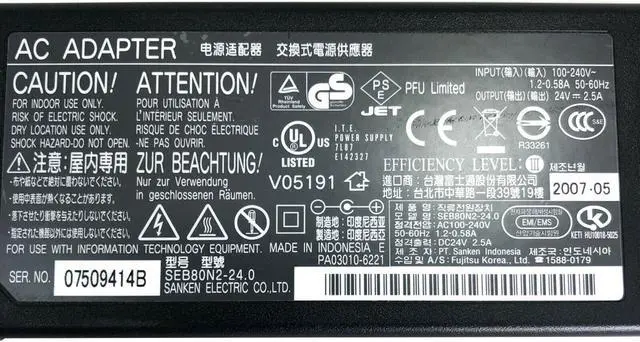Alt view image 2 of 4 - Genuine Fujitsu SEB80N2-24.0 AC100-240V 24V 2.5A AC Adapter for fi-5530C fi-5530C2 Duplex Scanner w/Cord