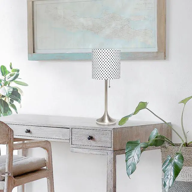 Alt view image 20 of 20 - Simple Designs Brushed Nickel Tapered Table Lamp with Polka Dot Fabric Drum Shade