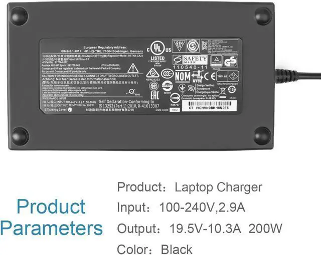 Alt view image 2 of 7 - 200W 19.5V 10.3A Charger Power Adapter For Hp Omen 15 15T 17 17T Zbook 15 17 G3 G4 G5, Zbook Studio G3 G4 G5 Pavilion Gaming 15-Cx Tpn-Ca03 L00818-850 835888-001 Tpn-Da10