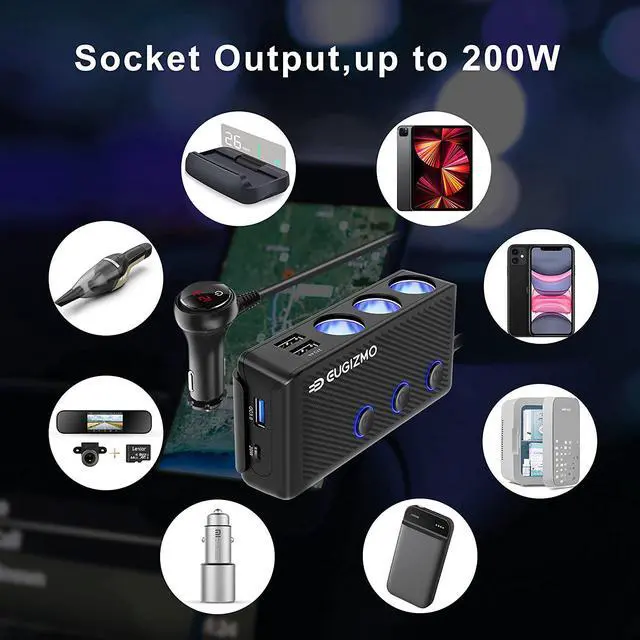 Alt view image 4 of 7 - Cigarette Lighter Adapter [2022 Upgraded] Usb C Charger 20W And Quick Charge 3.0 Car Cigarette Lighter Splitter 200W High Power 12V/24V Car Splitter With 3 Socket Car Cigarette Lighter Splitter
