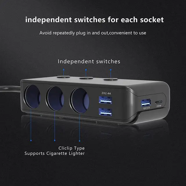 Alt view image 5 of 7 - Cigarette Lighter Adapter [2022 Upgraded] Usb C Charger 20W And Quick Charge 3.0 Car Cigarette Lighter Splitter 200W High Power 12V/24V Car Splitter With 3 Socket Car Cigarette Lighter Splitter