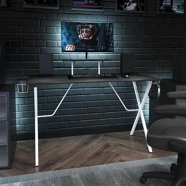 Alt view image 18 of 20 - Black Gaming Desk and White Frame with Cup Holder, Headphone Hook, and Monitor/Smartphone Stand