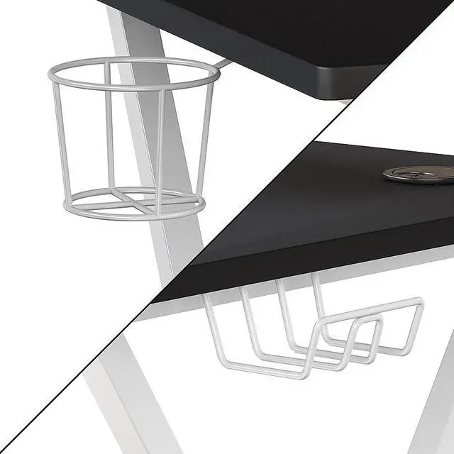 Alt view image 20 of 20 - Black Gaming Desk and White Frame with Cup Holder, Headphone Hook, and Monitor/Smartphone Stand