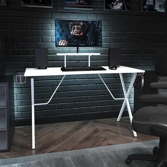 Alt view image 18 of 20 - White Gaming Desk with Cup Holder, Headphone Hook, and Monitor/Smartphone Stand
