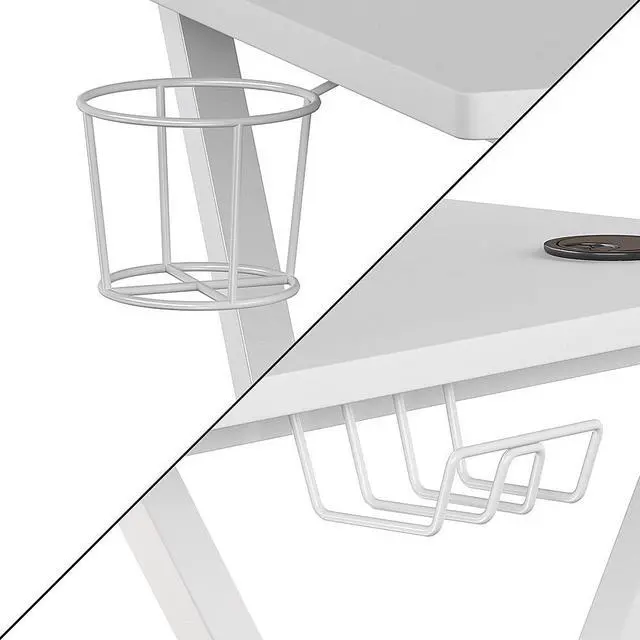 Alt view image 20 of 20 - White Gaming Desk with Cup Holder, Headphone Hook, and Monitor/Smartphone Stand
