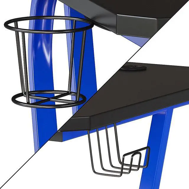 Alt view image 20 of 20 - Blue Gaming Ergonomic Desk with Cup Holder and Headphone Hook