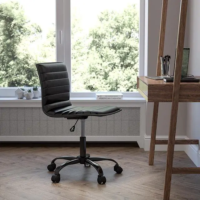 Alt view image 20 of 20 - Low Back Designer Armless Black Ribbed Swivel Task Office Chair with Black Frame and Base