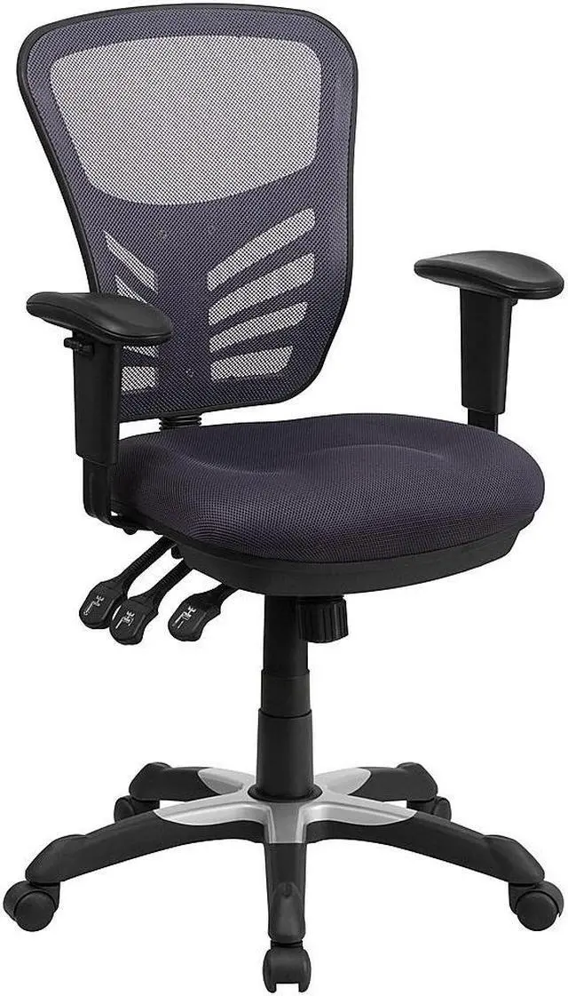 Alt view image 12 of 20 - Mid-Back Dark Gray Mesh Swivel Task Chair with Triple Paddle Control