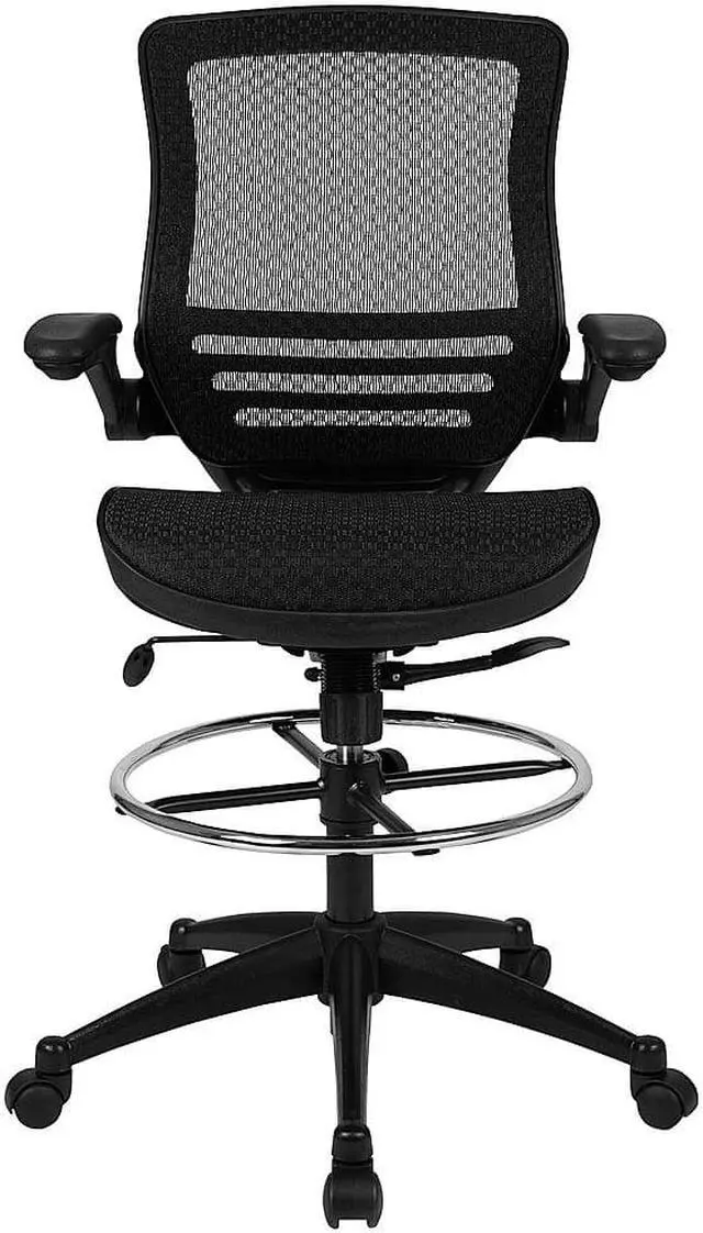 Alt view image 12 of 20 - Mid-Back Transparent Black Mesh Drafting Chair with Black Frame and Flip-Up Arms
