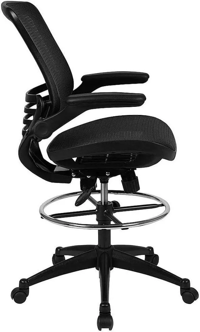 Alt view image 14 of 20 - Mid-Back Transparent Black Mesh Drafting Chair with Black Frame and Flip-Up Arms